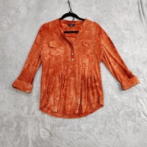 Cocomo Top Womens M Stretch Button Office Career Popover Roll Tab Sleeve Abstrac